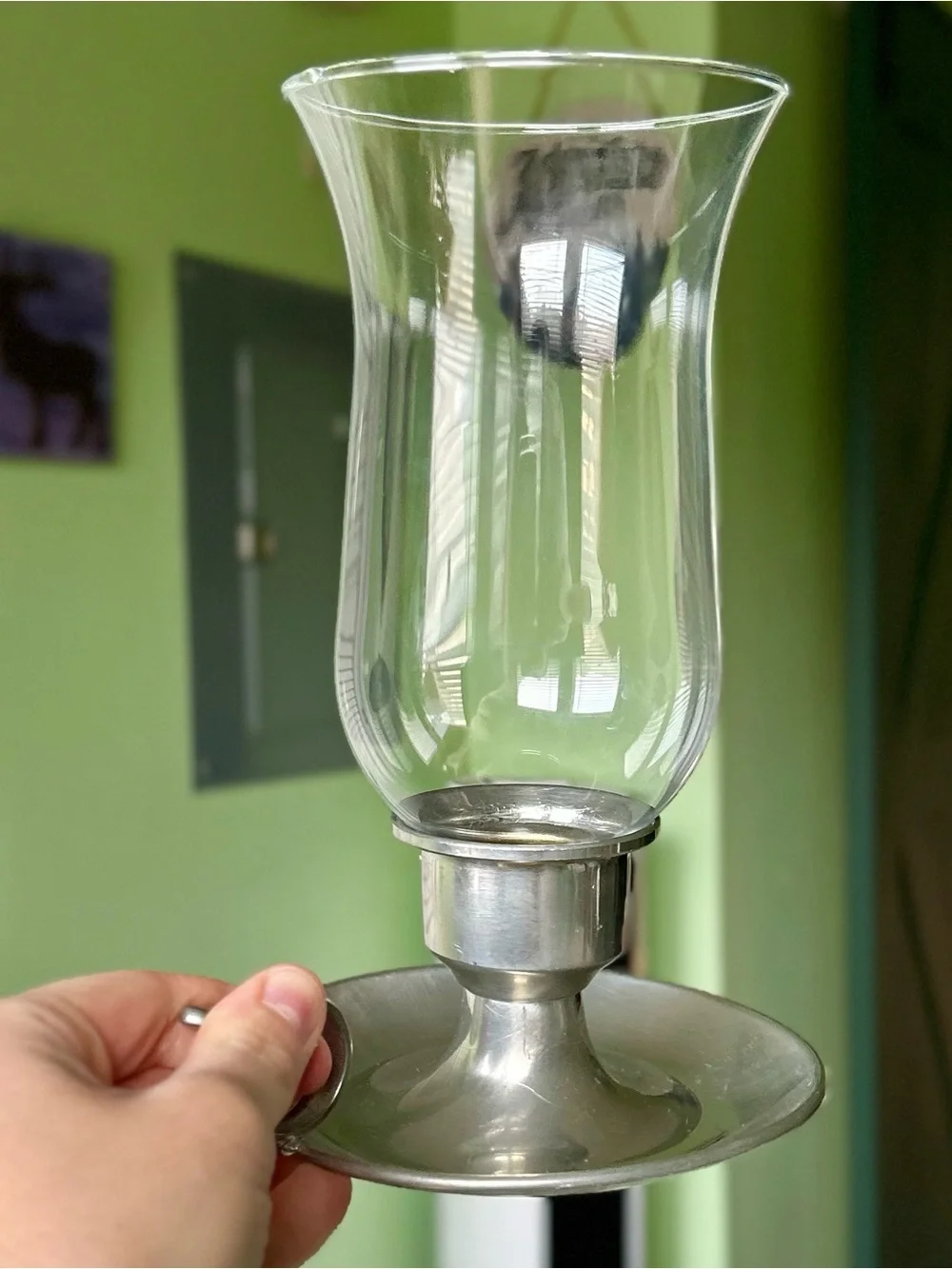 Vintage Glass Hurricane Candle Holder with Chamber Style Handle